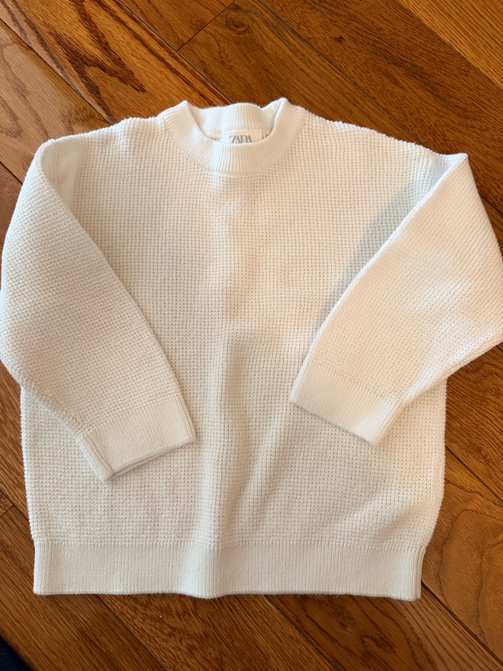 Zara White Waffle Knit Crewneck Sweater